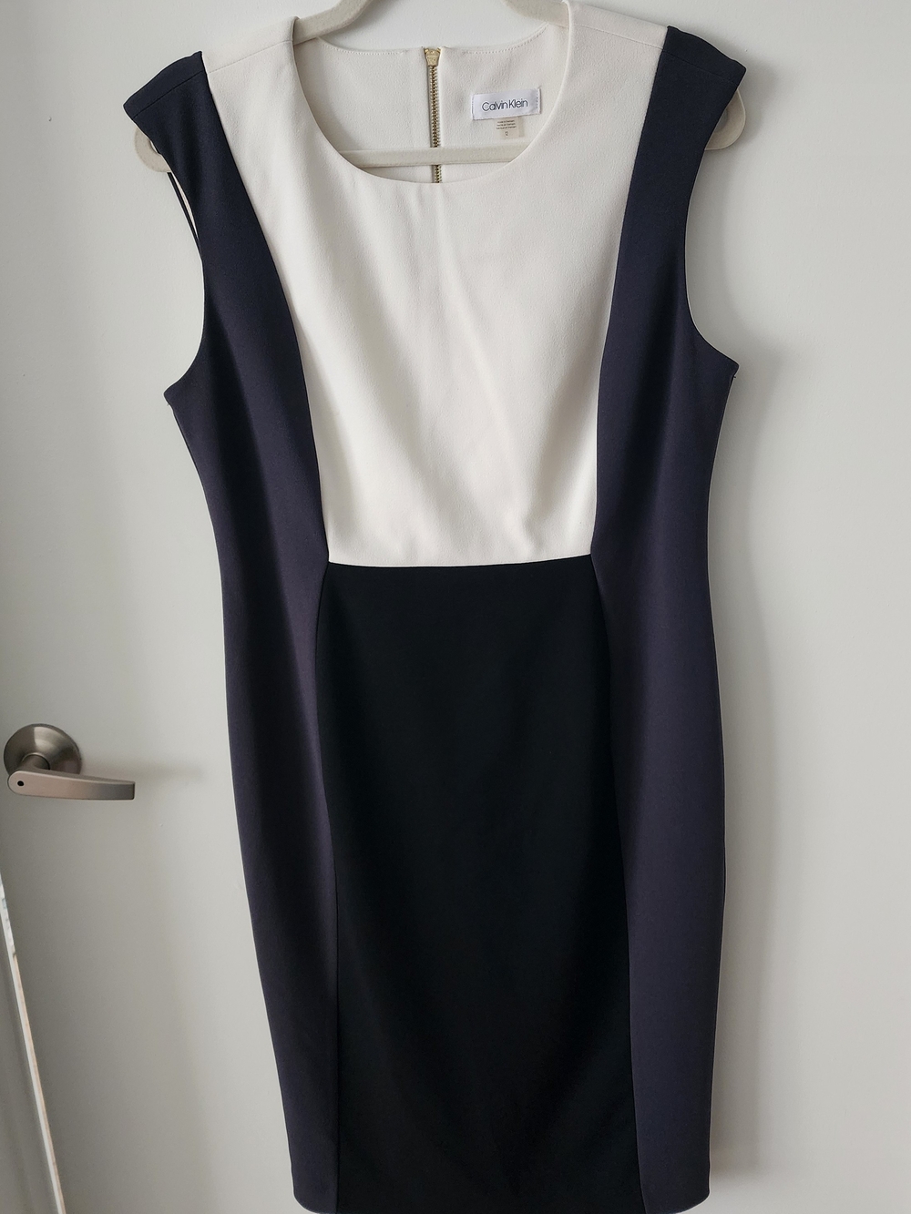 Calvin Klein Navy, Black & White Colorblocked Midi Sheath Dress
